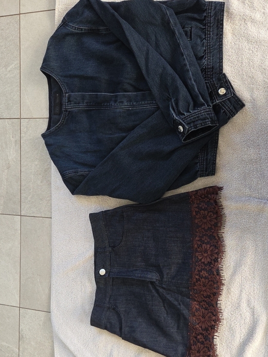 Zara Dresses & Skirts - Zara Dark Denim Mini Skirt with Brown Lace Trim